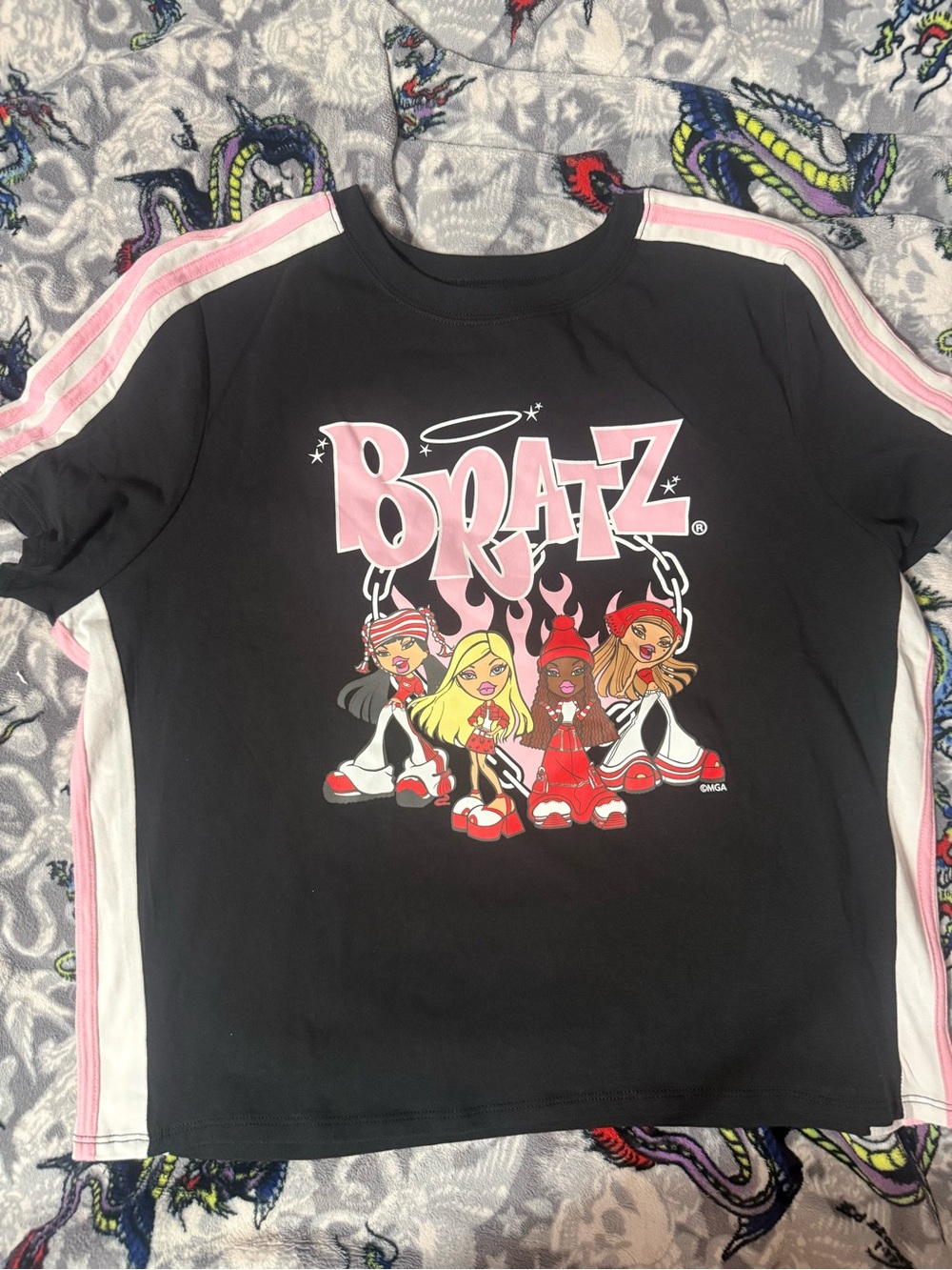 Girls' Black Graphic Tee with Pink Trim -